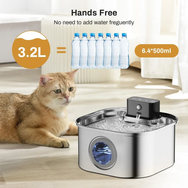PureFlow Wireless Stainless Steel Pet Water Fountain 108oz Motion Sensor Drinking Station 2