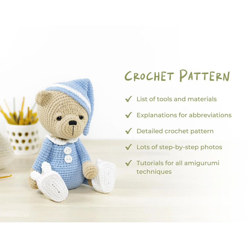 Teddy Bear Crochet Pattern  Cuddly Bear In Pajamas And Bunny Slippers  Printable PDF In English 2