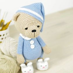 teddy bear crochet pattern - cuddly bear in pajamas and bunny slippers - printable pdf in english