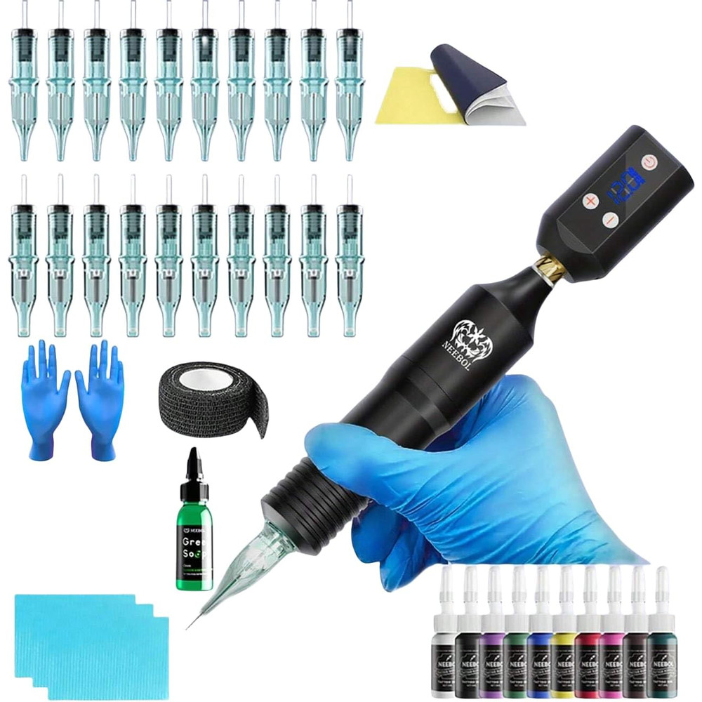 Neebol Wireless Tattoo Kit  Complete Cordless Tattoo Pen With LED Display  1500mAh Battery For Begi 0
