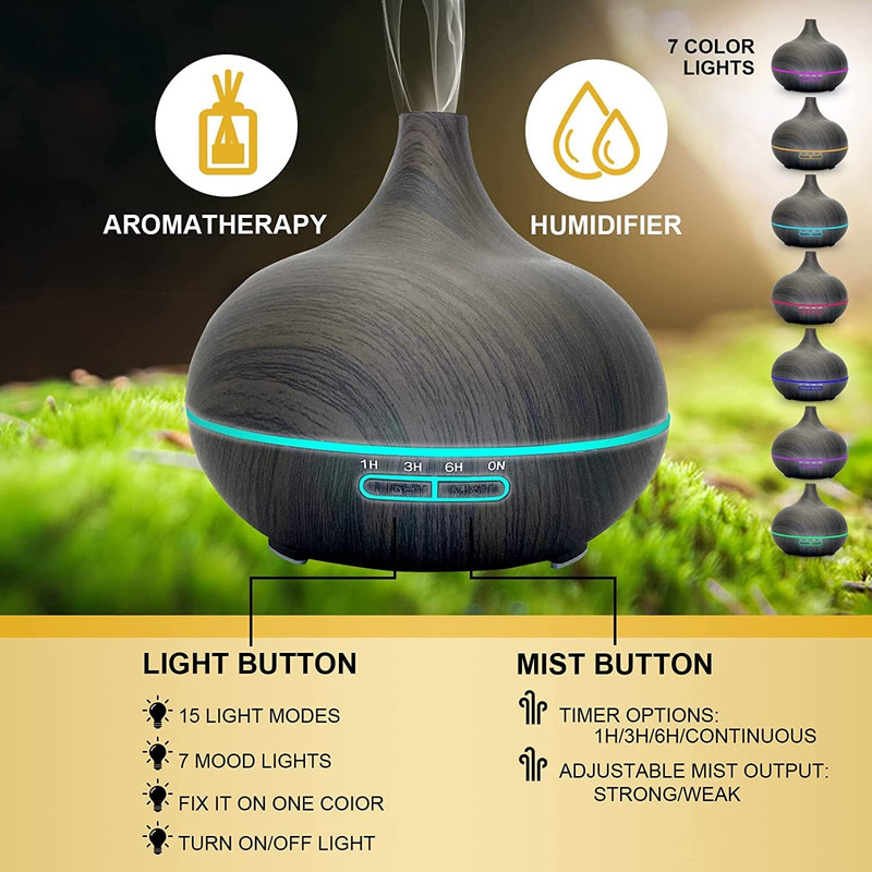 500ml Ultrasonic Essential Oil Diffuser  Wood Grain Aroma Humidifier With Remote Control  7Color LE 11
