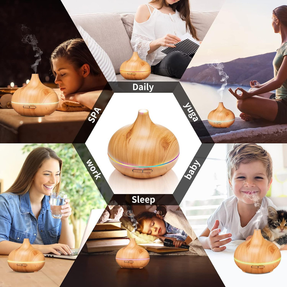 500ml Ultrasonic Essential Oil Diffuser  Wood Grain Aroma Humidifier With Remote Control  7Color LE 6