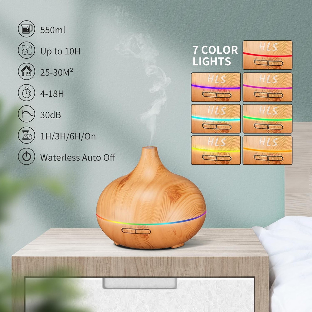 500ml Ultrasonic Essential Oil Diffuser  Wood Grain Aroma Humidifier With Remote Control  7Color LE 4