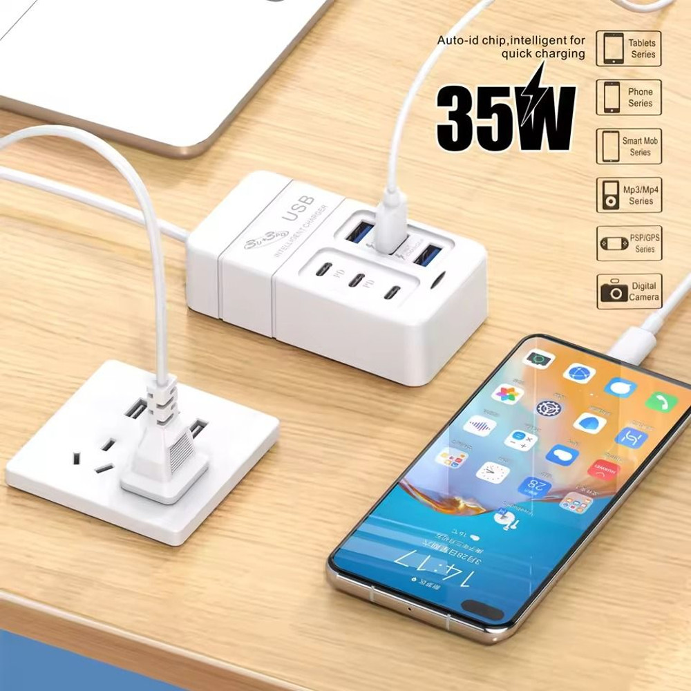 35W Multiport USB Fast Charger 6 Port Wall Adapter With Type C And USB Hub For EU US Plug 2