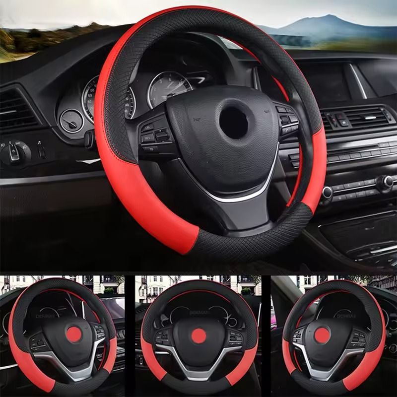 PU Leather Anti Slip 38cm Steering Wheel Cover 3