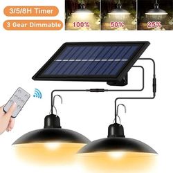 solar powered pendant light with double head led chandelier waterproof outdoor indoor shed barn room ceiling lamp remote