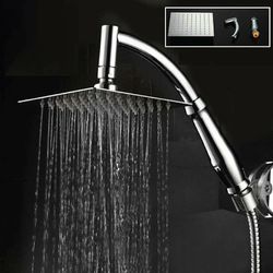 high pressure square rainfall shower head with stainless steel body and curved extension arm