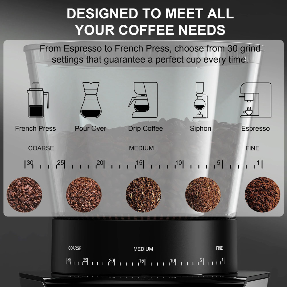BioloMix Automatic Burr Coffee Grinder With 30 Grind Settings And Visual Bean Hopper For Espresso A 2