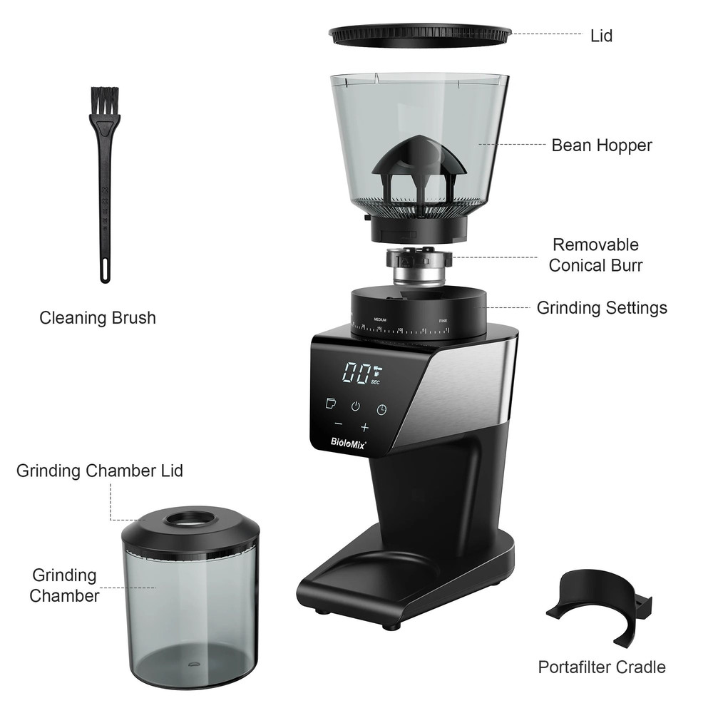 BioloMix Automatic Burr Coffee Grinder With 30 Grind Settings And Visual Bean Hopper For Espresso A 5
