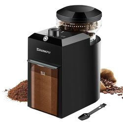 electric burr coffee grinder with 28 adjustable grind settings for espresso and drip brewing