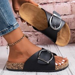 womens solid color buckle cover for flat heeled slippers