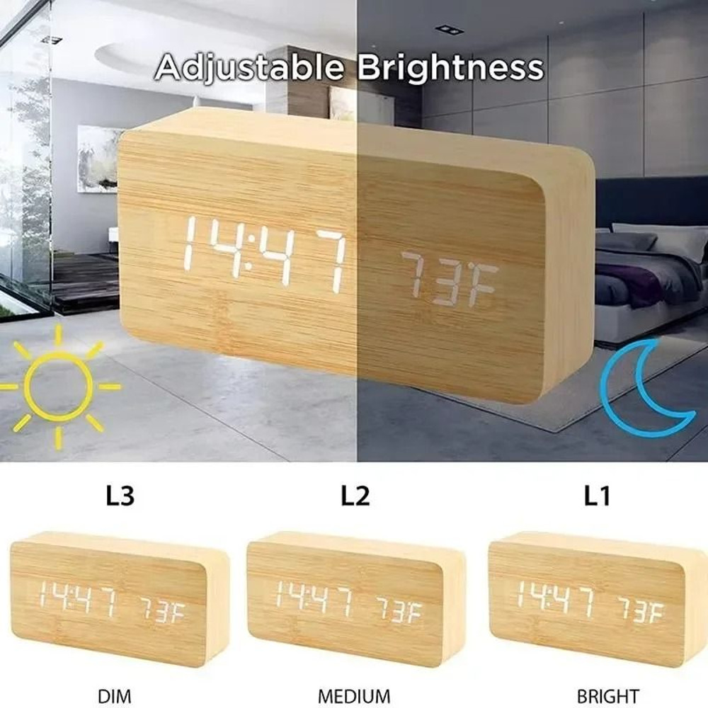 Wooden Digital LED Alarm Clock With Temperature Display 3