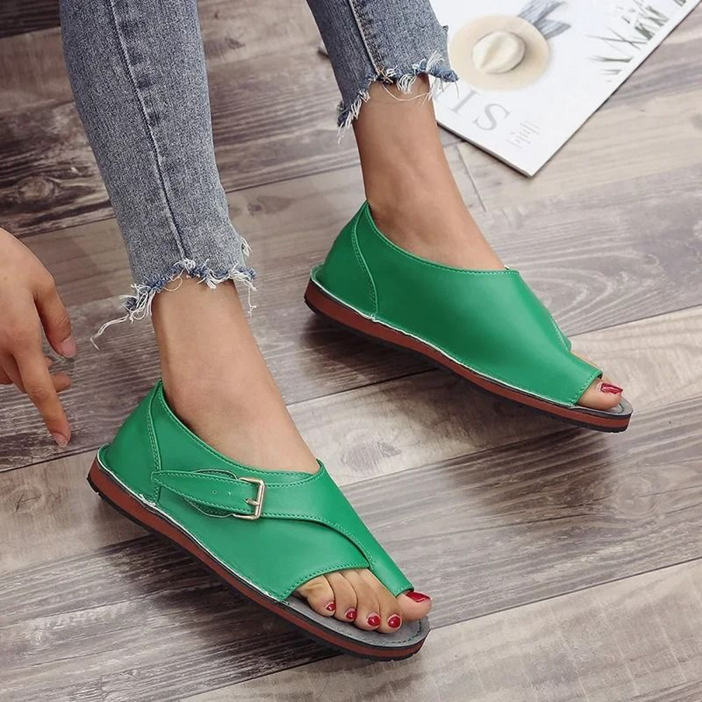 Women Summer PU Leather Peep Toe Buckle Roman Flat Sandals 0