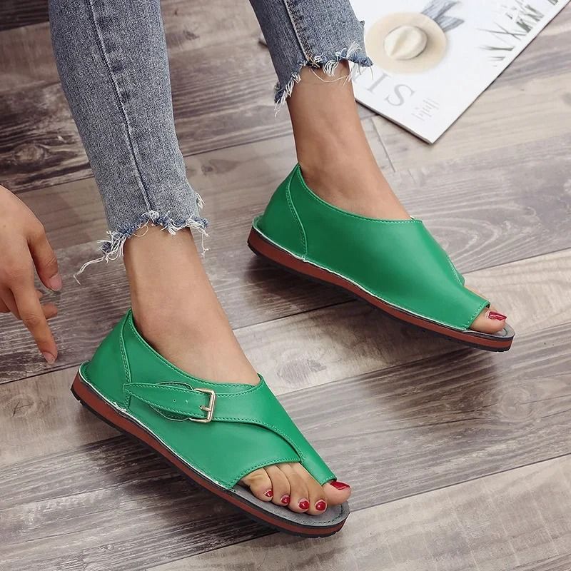 Women Summer PU Leather Peep Toe Buckle Roman Flat Sandals 0