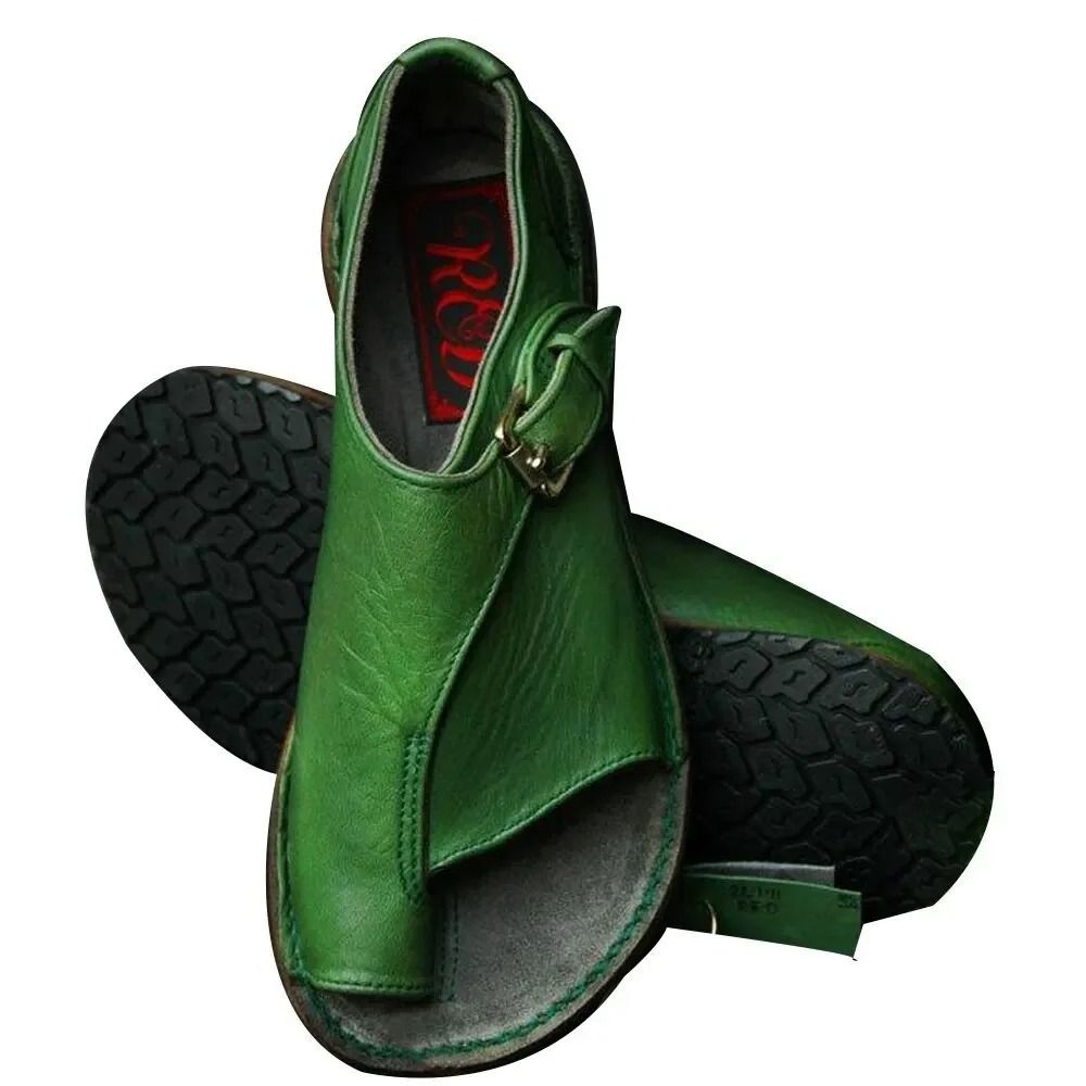 Women Summer PU Leather Peep Toe Buckle Roman Flat Sandals 9