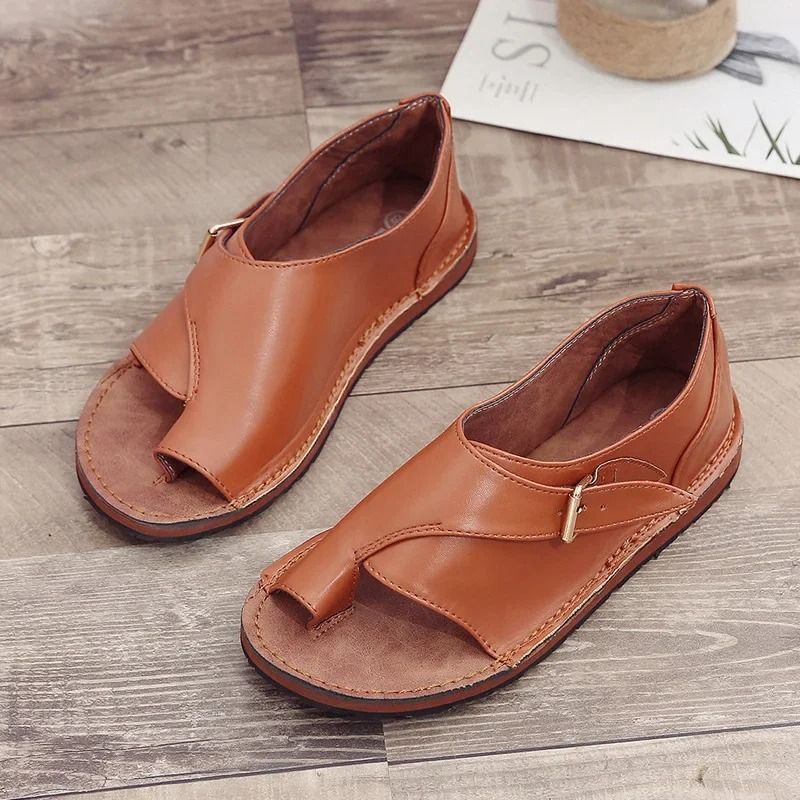 Women Summer PU Leather Peep Toe Buckle Roman Flat Sandals 8