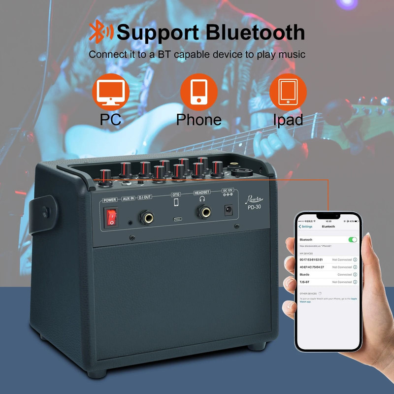 Rowin Rechargeable 30W Bluetooth Acoustic Guitar Amplifier With Reverb And Chorus Effects 3