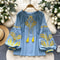 Women Vintage Ethnic Style Embroidered Blouse With Lace Up Neck And Lantern Sleeves 1