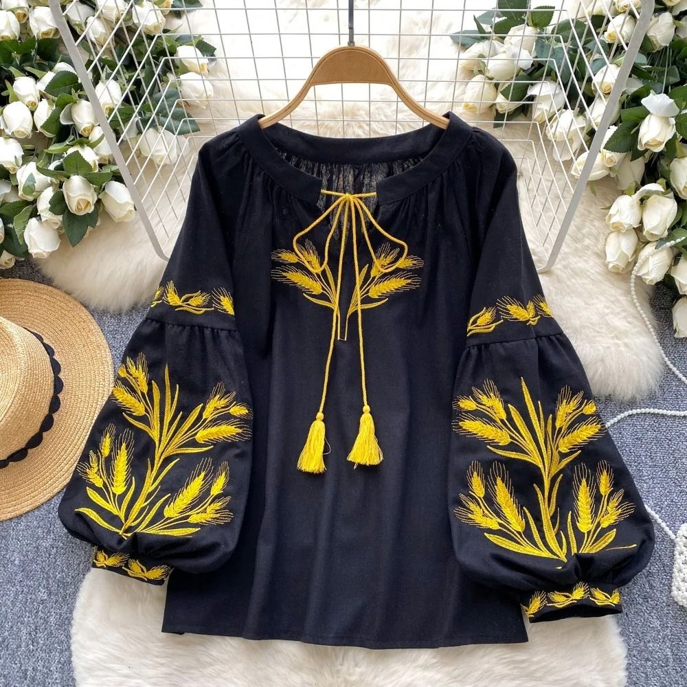 Women Vintage Ethnic Style Embroidered Blouse With Lace Up Neck And Lantern Sleeves 4