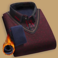 mens fleece lined knitted pullover sweater with polo collar for autumn and winter wear