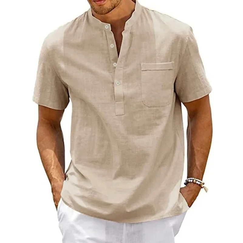 Mens Cotton Linen Short Sleeve Shirt With Henley Neck And Pocket For Casual Beachwear And Street St 0