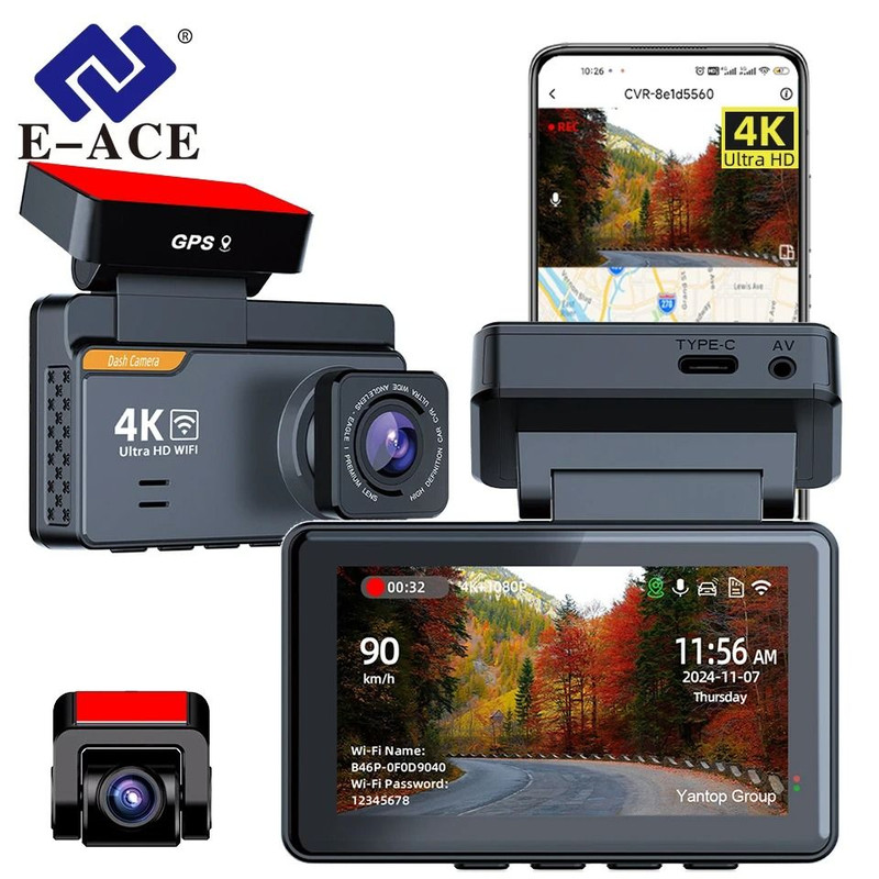 EACE 4K Dash Cam Mini Car DVR With GPS And WiFi Dual Lens Night Vision Front And Rear Camera System 0