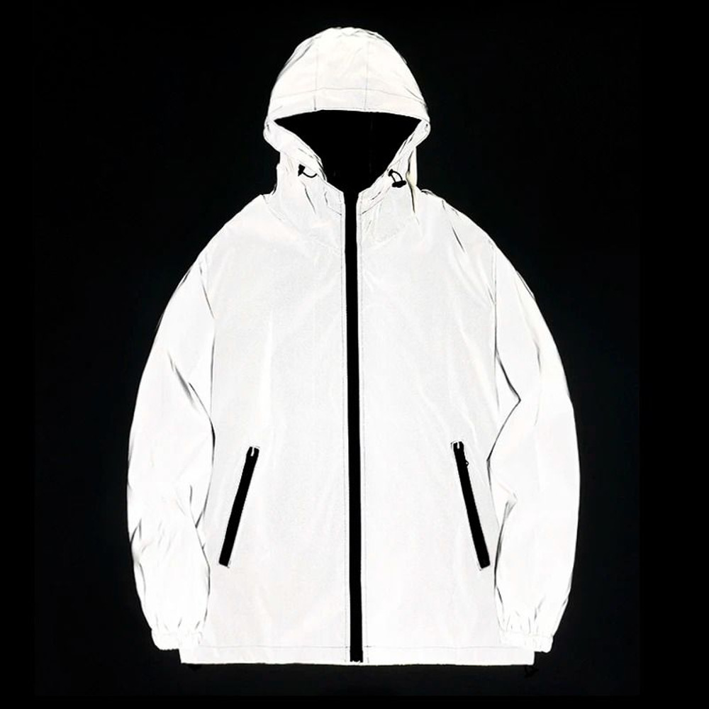 Night Reflective Jackets Double Fabric Windbreaker Hooded Jacket Men Hip Hop Dancer Waterproof Zipp