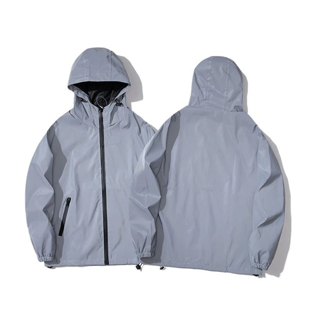 Night Reflective Jackets Double Fabric Windbreaker Hooded Jacket Men Hip Hop Dancer Waterproof Zipp