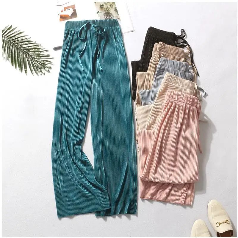 Women Summer Wide Leg Pants With Elastic Waist And Pleated Ice Silk Fabric For Casual Comfort 0