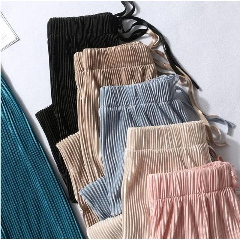 Women Summer Wide Leg Pants With Elastic Waist And Pleated Ice Silk Fabric For Casual Comfort 1