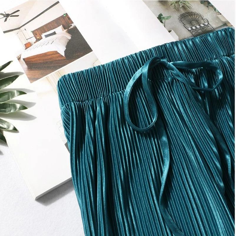 Women Summer Wide Leg Pants With Elastic Waist And Pleated Ice Silk Fabric For Casual Comfort 5