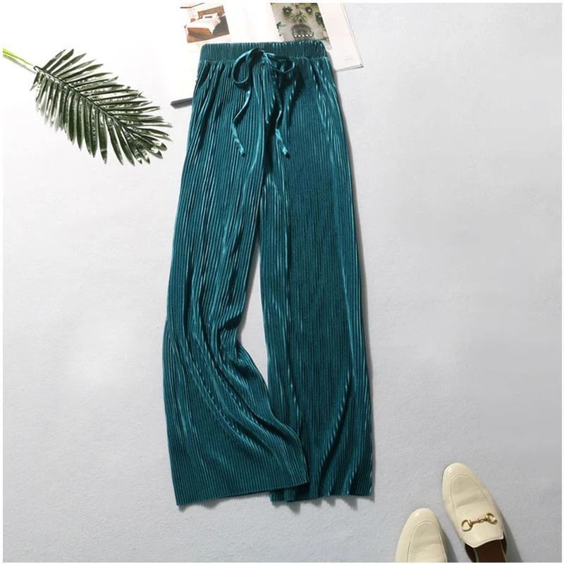 Women Summer Wide Leg Pants With Elastic Waist And Pleated Ice Silk Fabric For Casual Comfort 6