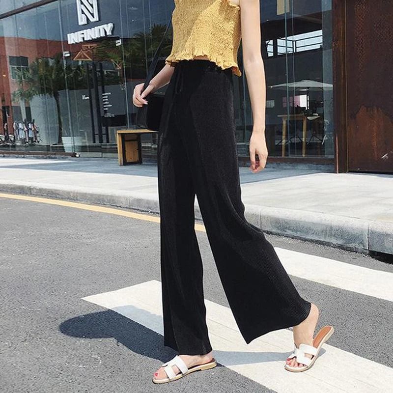 Women Summer Wide Leg Pants With Elastic Waist And Pleated Ice Silk Fabric For Casual Comfort 7