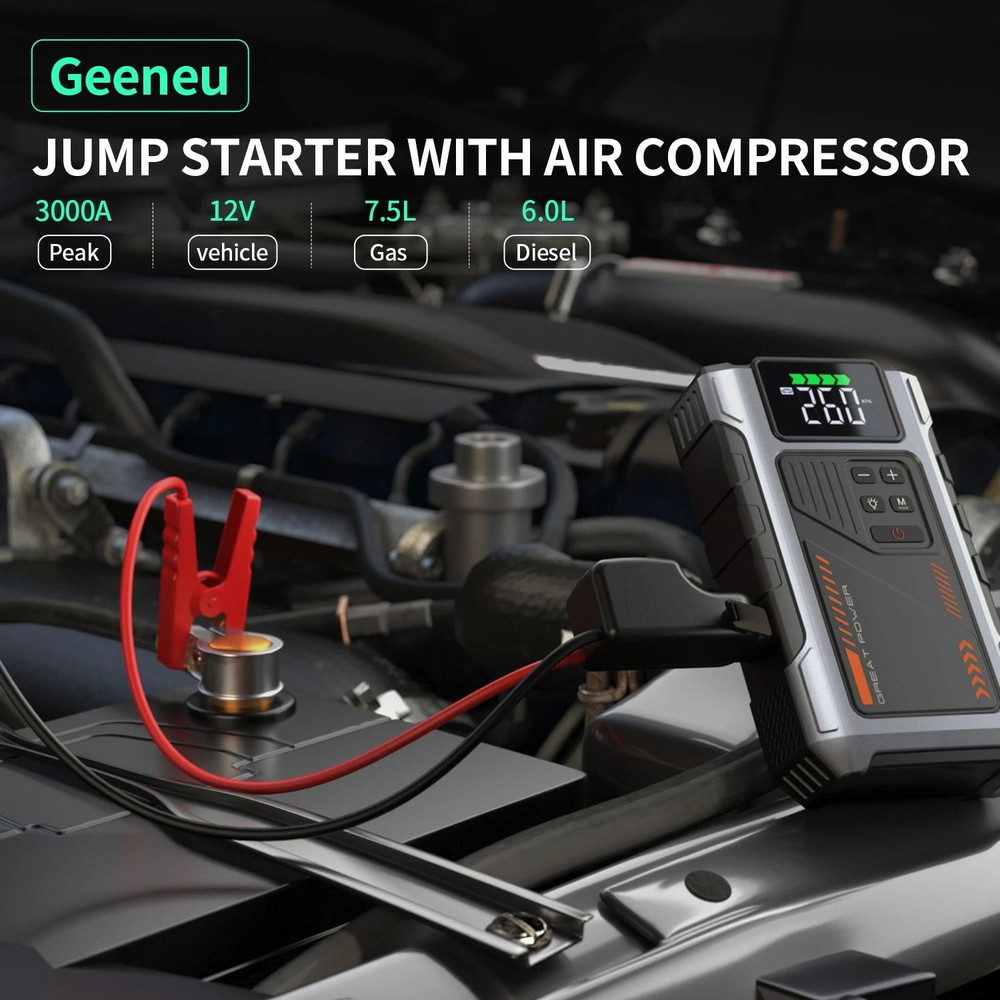Portable Car Jump Starter With Air Compressor And 3000A Peak Battery Pack For Gas And Diesel Engine 1