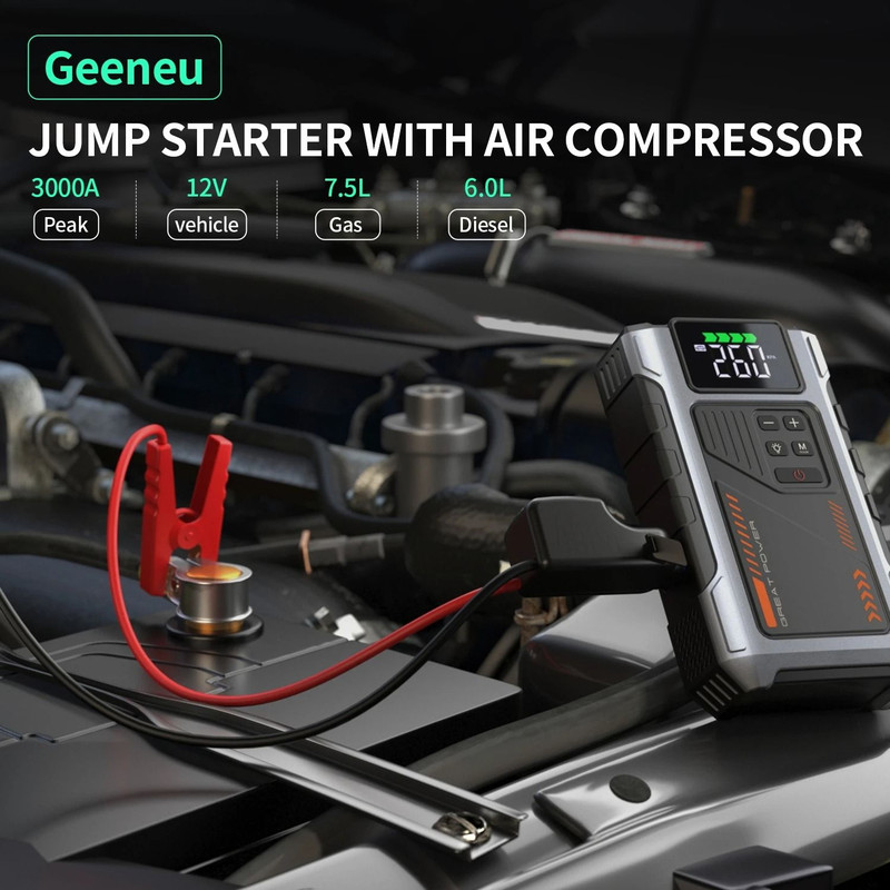 Portable Car Jump Starter With Air Compressor And 3000A Peak Battery Pack For Gas And Diesel Engine 1