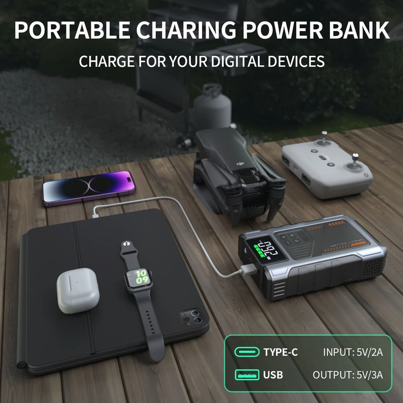 Portable Car Jump Starter With Air Compressor And 3000A Peak Battery Pack For Gas And Diesel Engine 4