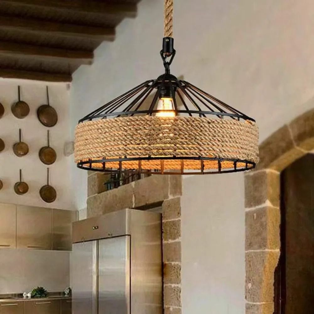Nordic Vintage Twine Chandelier With Adjustable Rope Design For Kitchen Bar And Dining Room Decor 0