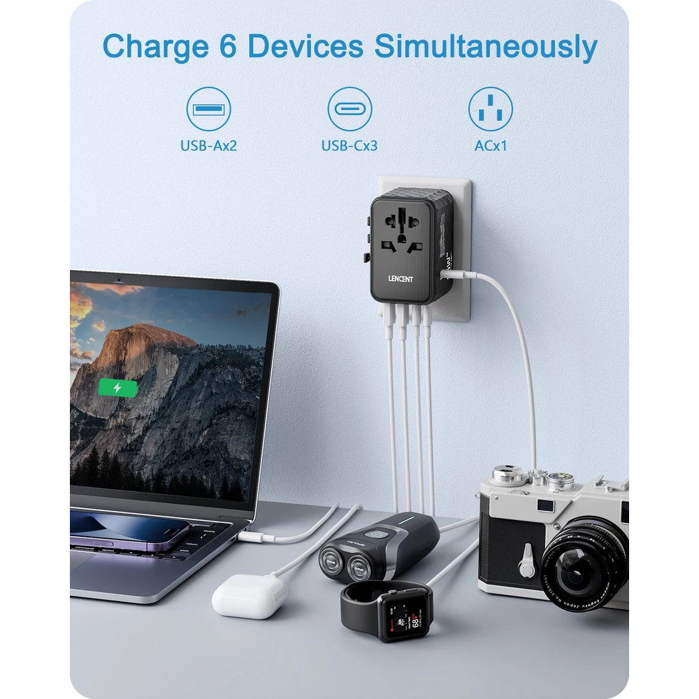 LENCENT 65W GaN Universal Travel Adapter With USB And Type C Ports For Fast Charging In EU UK USA A 1