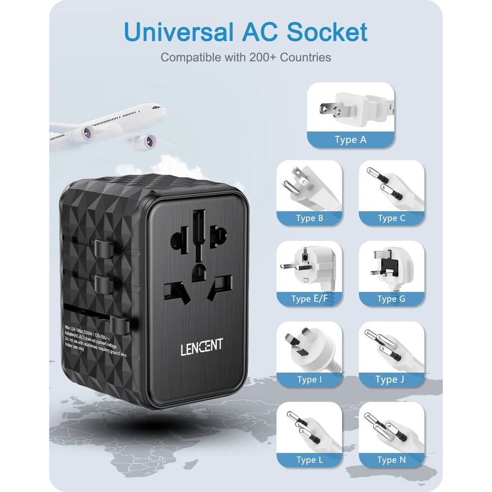 LENCENT 65W GaN Universal Travel Adapter With USB And Type C Ports For Fast Charging In EU UK USA A 4