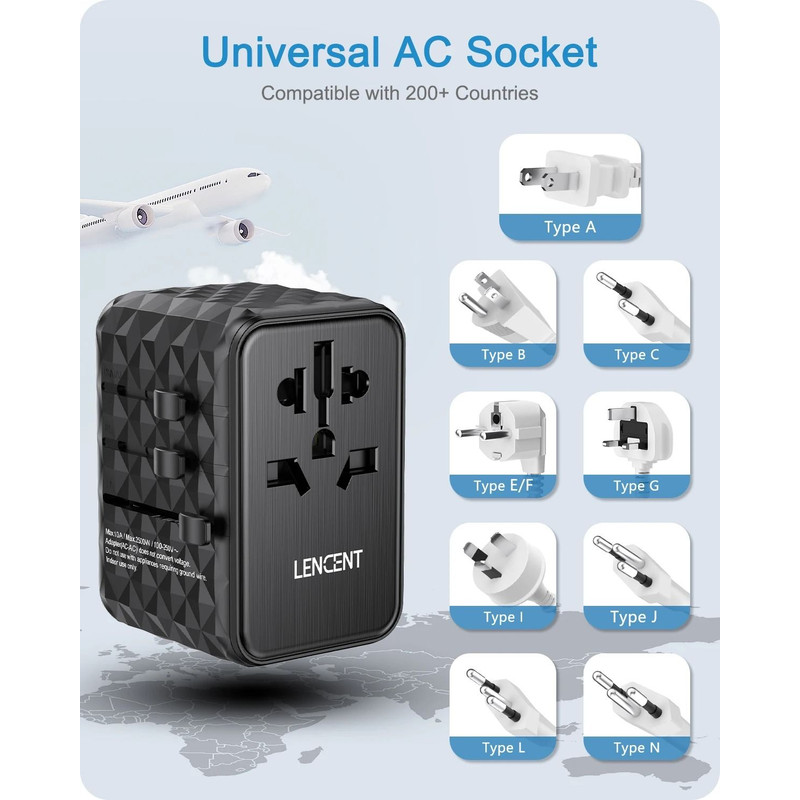 LENCENT 65W GaN Universal Travel Adapter With USB And Type C Ports For Fast Charging In EU UK USA A 4