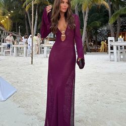 womens crochet v neck split beach dress with metal ring detail and flared sleeves for vacation and summer style