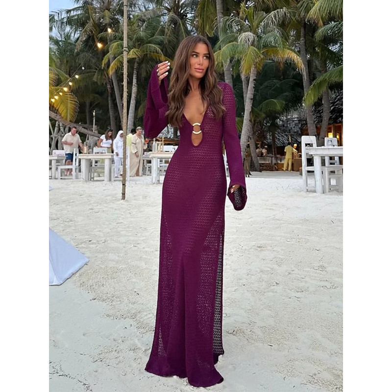 Womens Crochet V Neck Split Beach Dress With Metal Ring Detail And Flared Sleeves For Vacation And 0