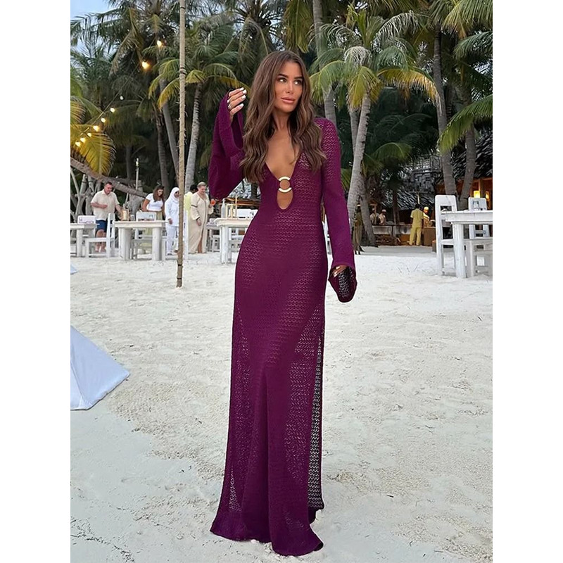 Womens Crochet V Neck Split Beach Dress With Metal Ring Detail And Flared Sleeves For Vacation And 9