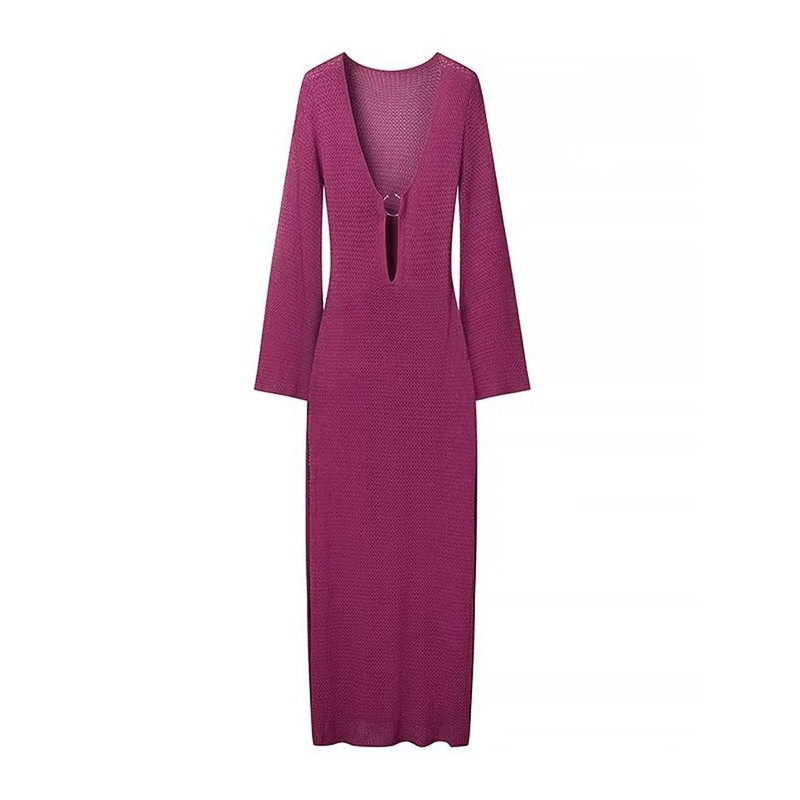 Womens Crochet V Neck Split Beach Dress With Metal Ring Detail And Flared Sleeves For Vacation And 5