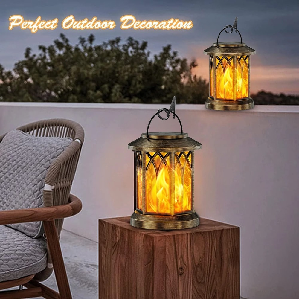 2 Pack Outdoor Flickering Flame Solar Lanterns With Hanging Design For Garden Patio Or Pathway Ligh 1