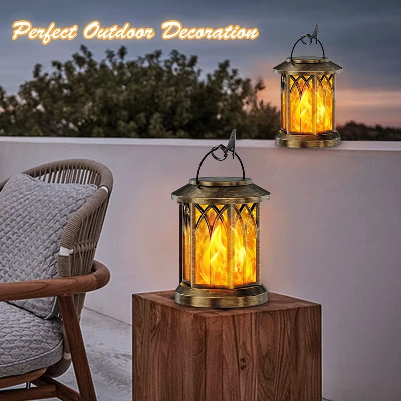 2 Pack Outdoor Flickering Flame Solar Lanterns With Hanging Design For Garden Patio Or Pathway Ligh 1