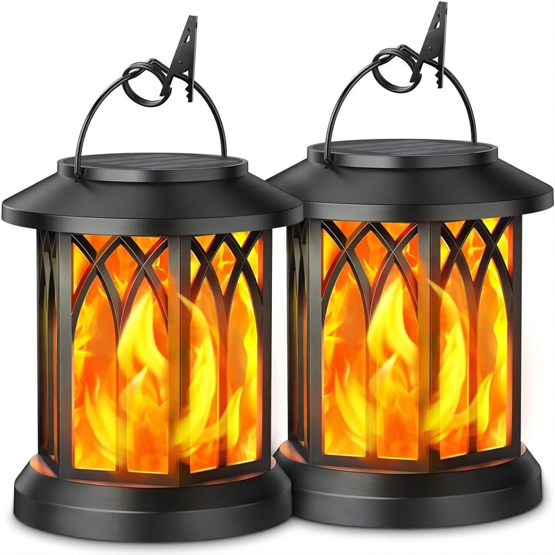 2 Pack Outdoor Flickering Flame Solar Lanterns With Hanging Design For Garden Patio Or Pathway Ligh 6