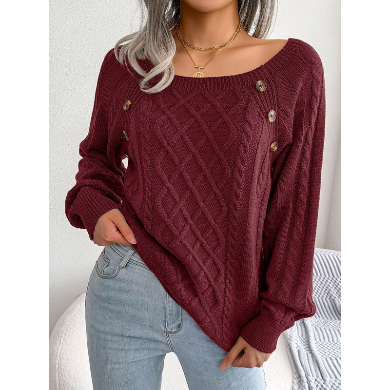Square Neck Buttoned Knit Sweater For Women With Long Sleeves For Fall And Winter 1