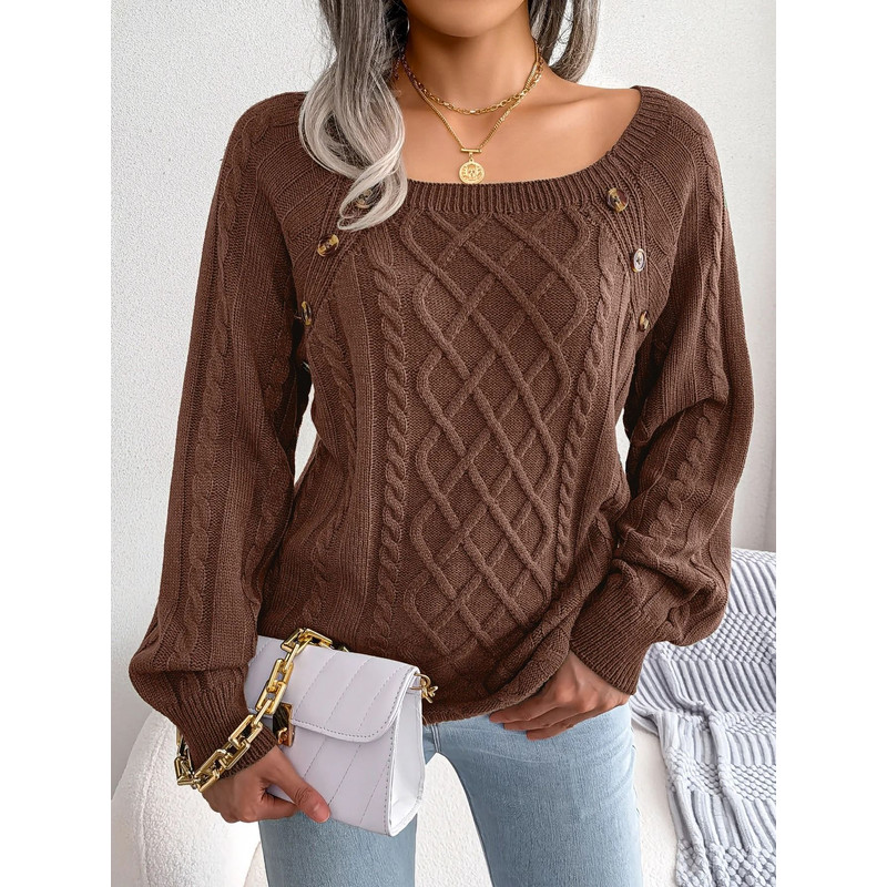 Square Neck Buttoned Knit Sweater For Women With Long Sleeves For Fall And Winter 2