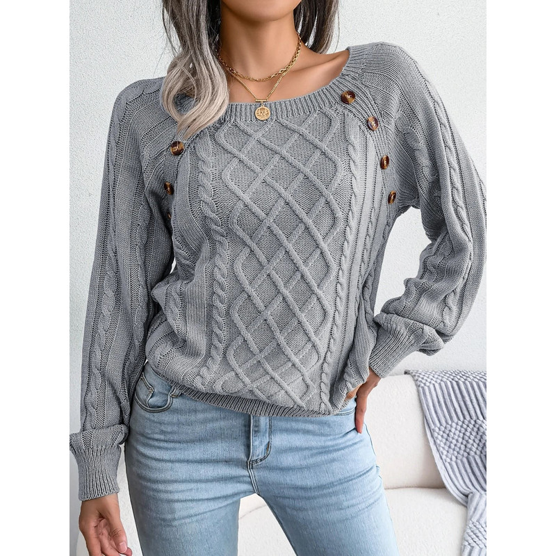 Square Neck Buttoned Knit Sweater For Women With Long Sleeves For Fall And Winter 4